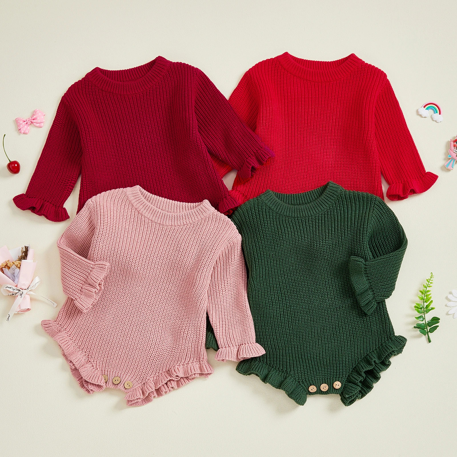 Suefunskry born Baby Fall Winter Knitted Sweater Romper Solid Color Long Sleeve Round Neck Ruffled Sweater Jumpsuit 261015