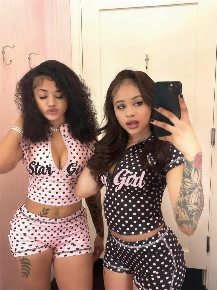 Nibber Street 2 Piece Set Woman Zip Turtleneck Short Sleeve Crop TopsSkinny Shorts Sexy Polka Dot Print Fashion Style Outfits 261016