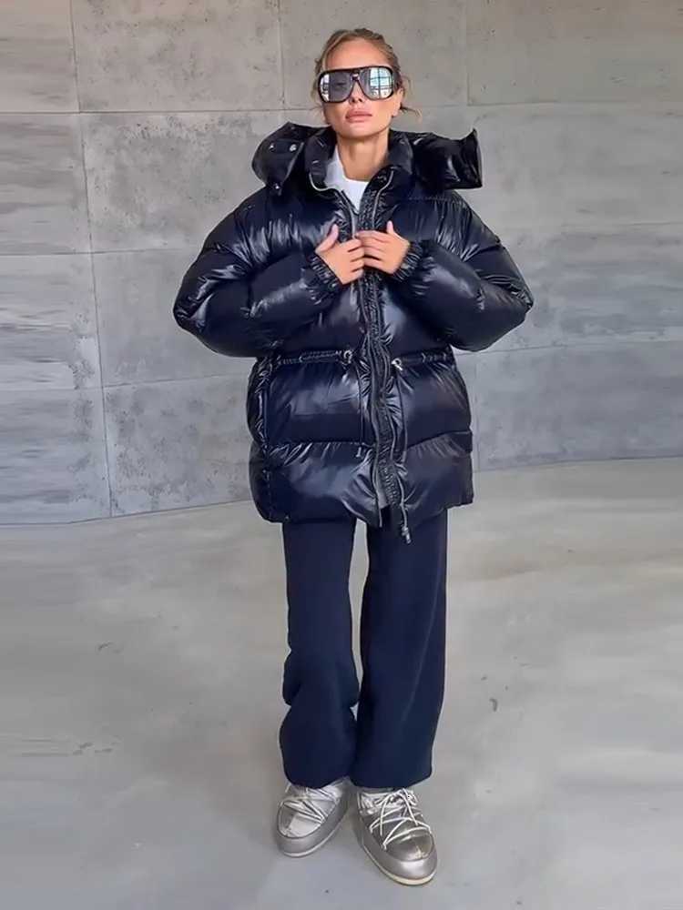 Women's Down Parkas Shiny Drawstring Hooded Puffer Coat Zip Up Loose Warm Collar Pocket 2026 Autumn Women Daily Outerwear Casual Chic Lady Over