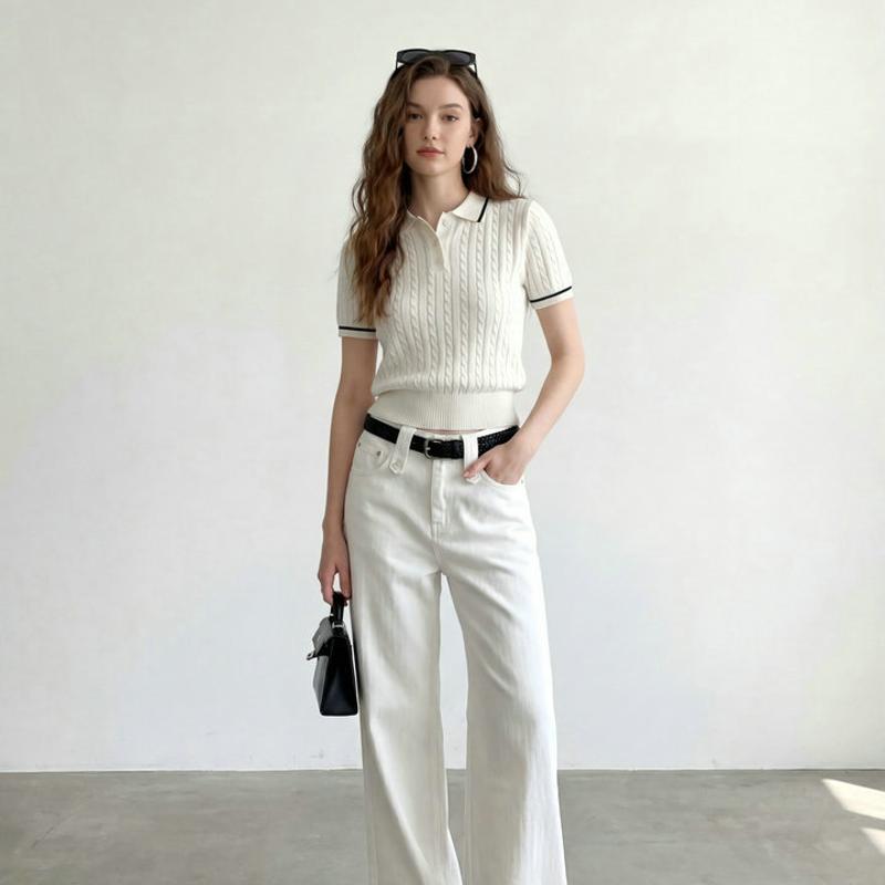 Women's Merino Wool Polo Knit Top Slim Fit Cropped Short Sleeve Solid Color Elegant Spring OL Commute Shirt