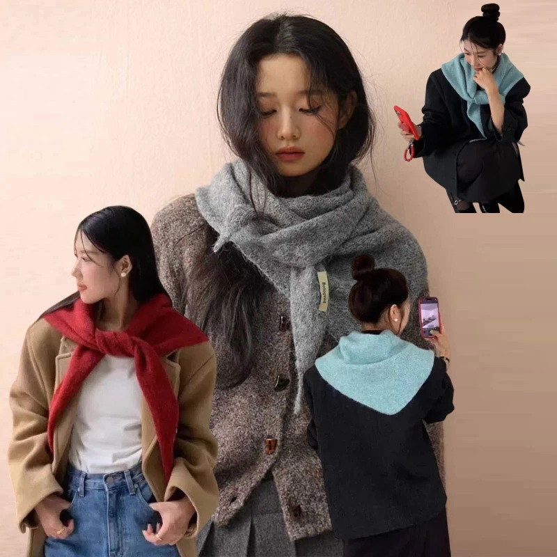 Korean Wool Knitted Triangle Shawl Winter Warm Versatile Shawl Largesized Colorful Scarf Muffler Ladies Winter Accessories 261017