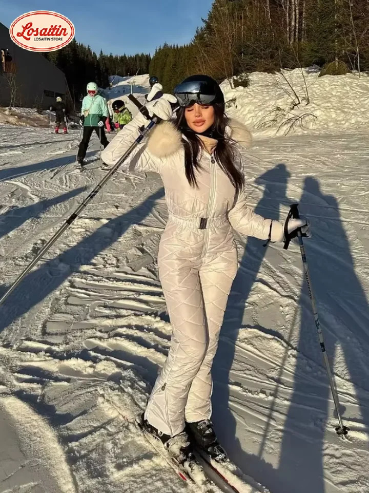 Quilting Hooded Solid Fur Collar Jumpsuit Women Casual Stand Collar Zipper Slim Belted Cotton Snowsuit Lady Winter Sport Wear 261016