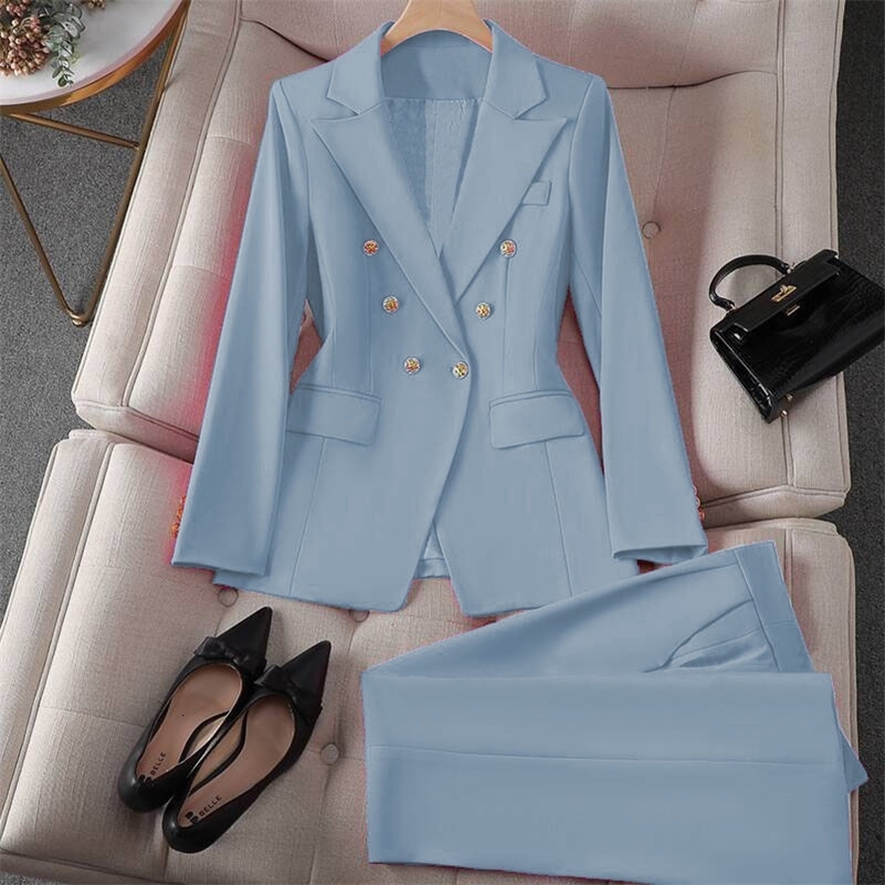 Korean Fashion 2 Piece Set Turn Down Long Sleeve Slim Fit Pants Women Suits Office Lady Wear Pants Sets for Women 261016