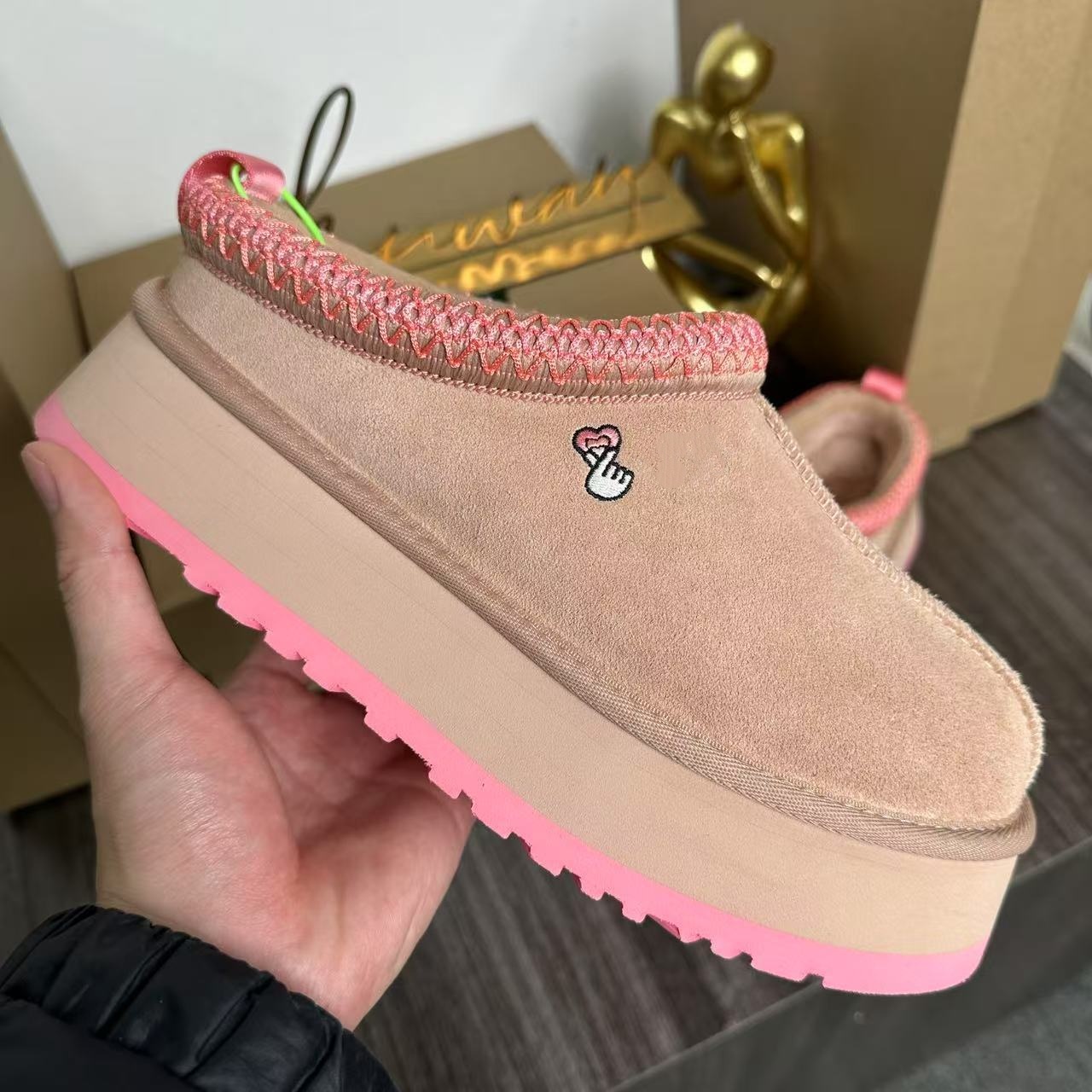 Women Winter Platform Mule Slippers Ethnic Tribal Woven Embroidery Trim Suede Furry Backless Slip On Snow Mules Fleece Lined Thick Ridged Sole Warm