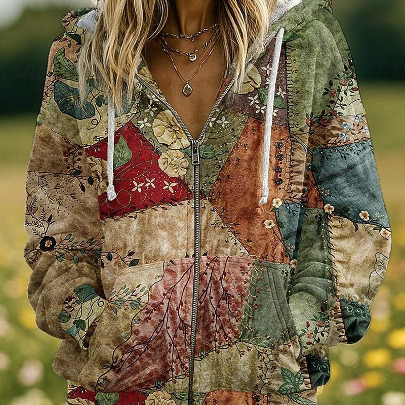 Designer imprimé floral à capuche poches zippées cardigan veste chauve-souris à manches longues lâche décontracté mi-long manteau