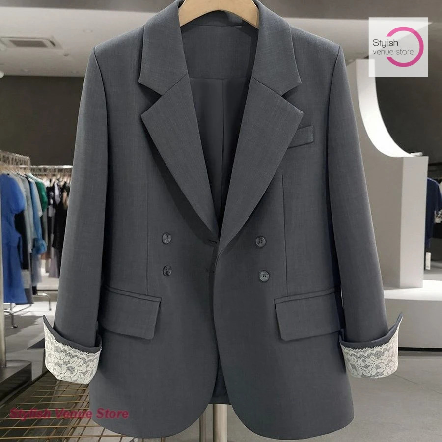 French black casual slim temperament suit jacket female spring and autumn fashion casual lace stitching wear a suit jacket. 261016