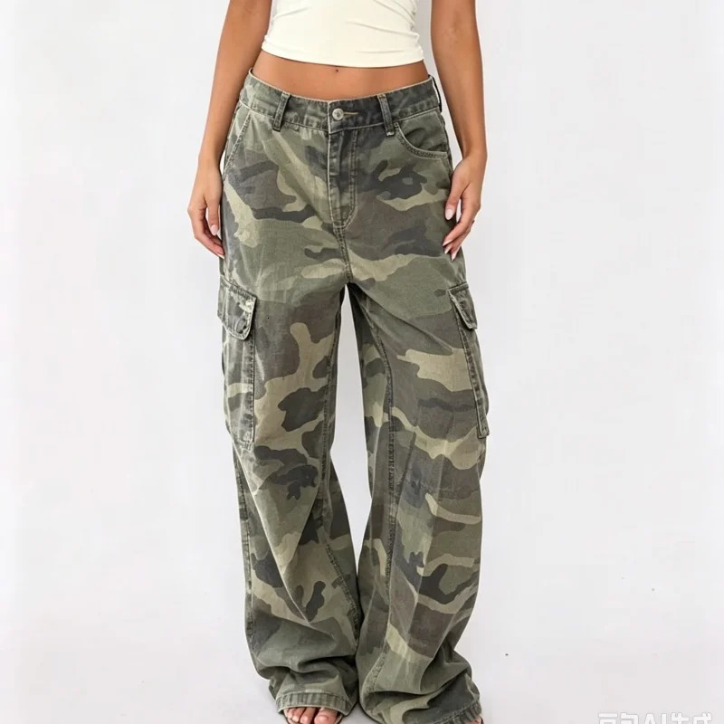 Women Y2K Camo Cargo Pants Low Rise Wide Leg Baggy Tactical Pants Camouflage Trousers Slouchy Long Pants with Pockets 261016