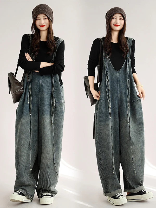 Loose Womens Denim Overalls with Pockets Vintage Style plus Size Straight Leg Jeans Casual Comfortable Blue Polyester Fabric 261017