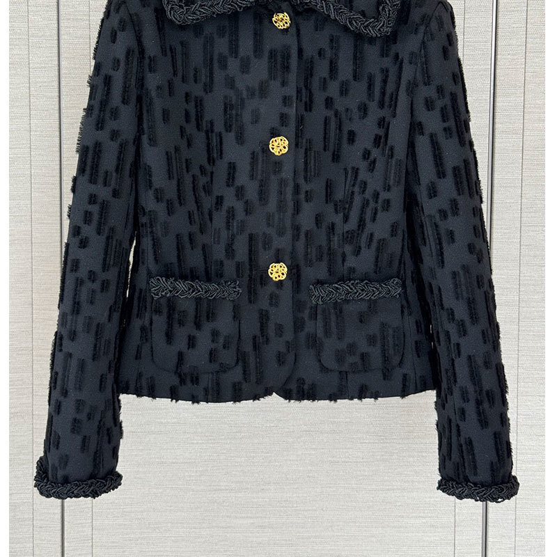 Ladies Winter New Black Tweed Cropped Jacket, Designer Luxury Lapel Gold Camellia Button Coat, Wool Blend Silk Lined Long Sleeve High-End Outerwear