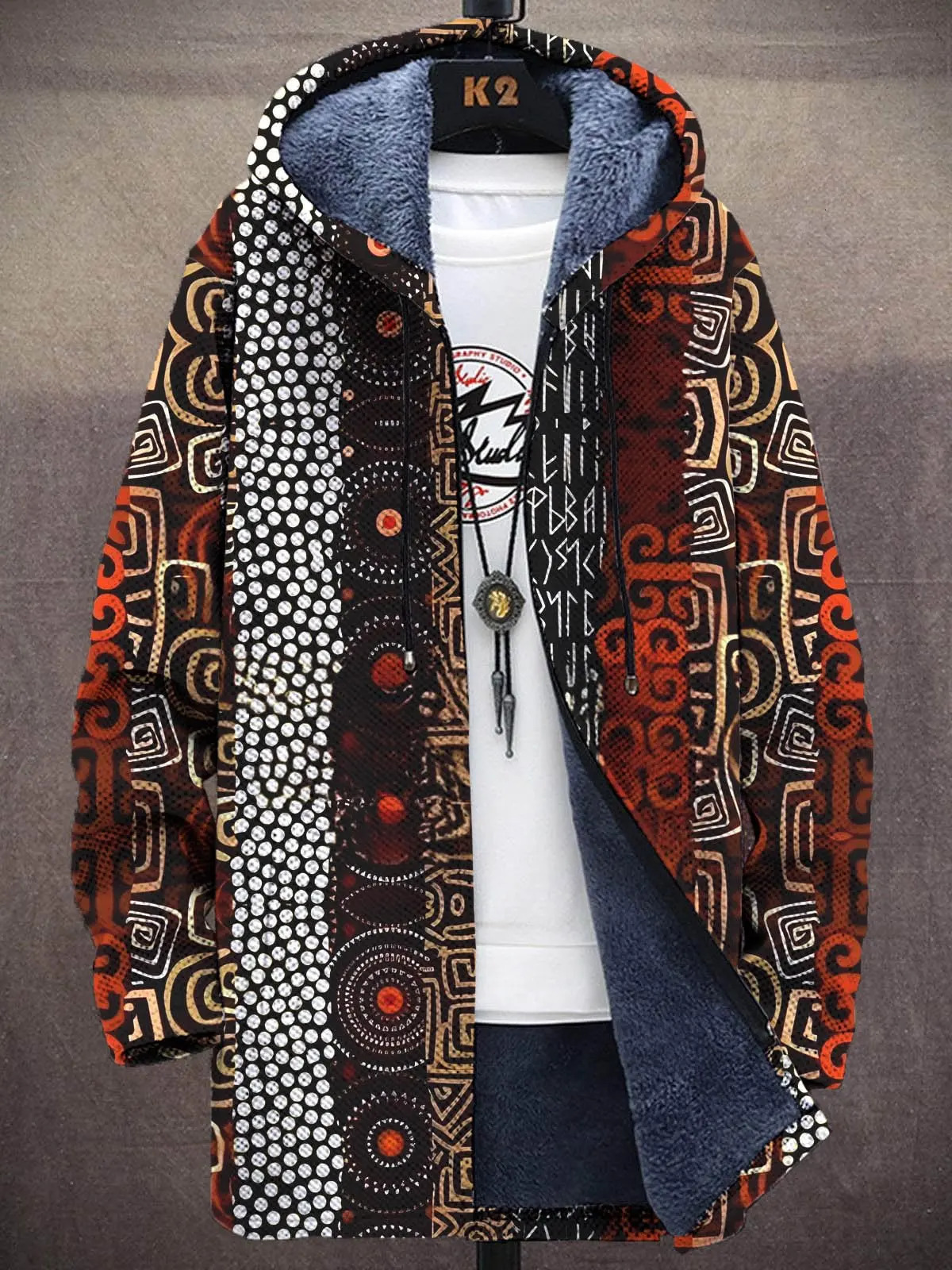 Abstract Multicolor Pattern Print Unisex Plush Thick Long-Sleeved Sweater Cardigan Coat Men's Thick Warm Jacket 261015