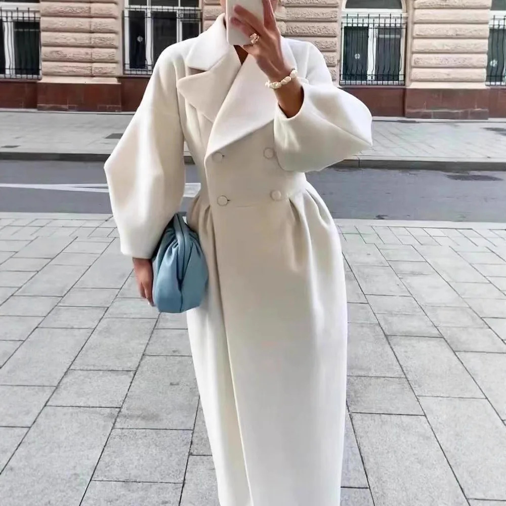 Long Coat Women Wide Lapel Double Breasted Lantern Sleeve White Waist Slim Loose Elegant Chic Fall Winter Maxi Formal Coat 261016
