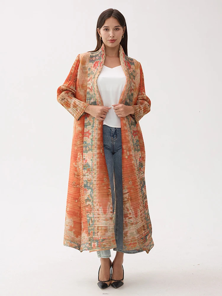 Miyake Pleated Vintage Printed Turn-down Collar Long Sleeve Long Jacket Women er Abaya Dubai Fashion Plus Size Coats 261015
