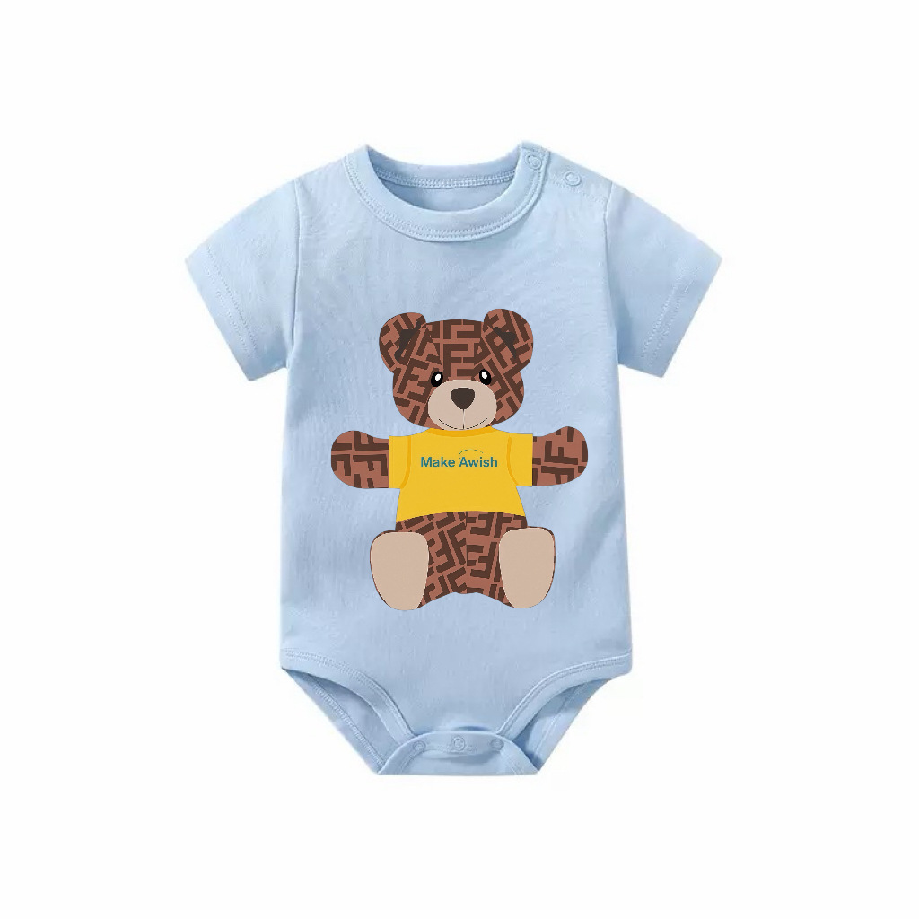 Baby short sleeved jumpsuit summer clothes pure cotton cartoon teddy bear crawling clothes for boys and girls cute and fashionable bag fart clothes