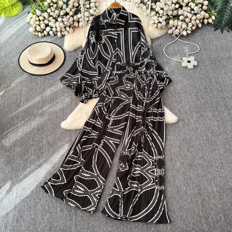 SuperAen Europe and America Style Oversize Print Shirt Tops High Waist Long Pants Two Pieces Sets 261012