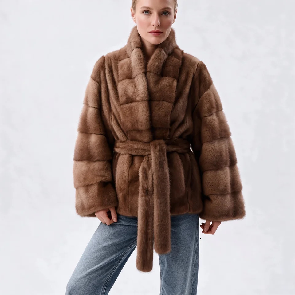 IG 2026 Women Stand Collar Belted Waist Faux Mink Fur Jacket Loose Long Sleeve y Elegant Winter Party Daily Outer Coat 261017