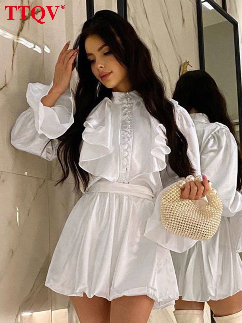 2026 Fashion Loose White Satin Women's Autumn Stand Collar Long Sleeve Mini Dresses Elegant Classic Ruffles Female Dress