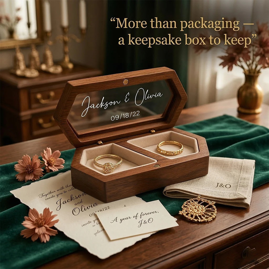 Personalized Walnut Wood Hexagon Ring Box with Glass Top Custom Name Date Engraved Engagement Wedding Ring Holder Keepsake Gift 261017