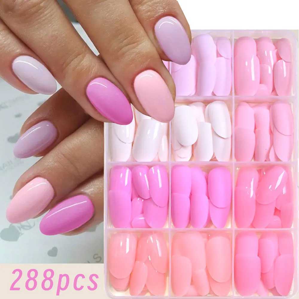 False Nails 288pcs Light Pink Rose Purple Matte Glossy False Nails Solid Color Medium Almond Full Cover Press On Nails Acrylic Fake Nails Q261017