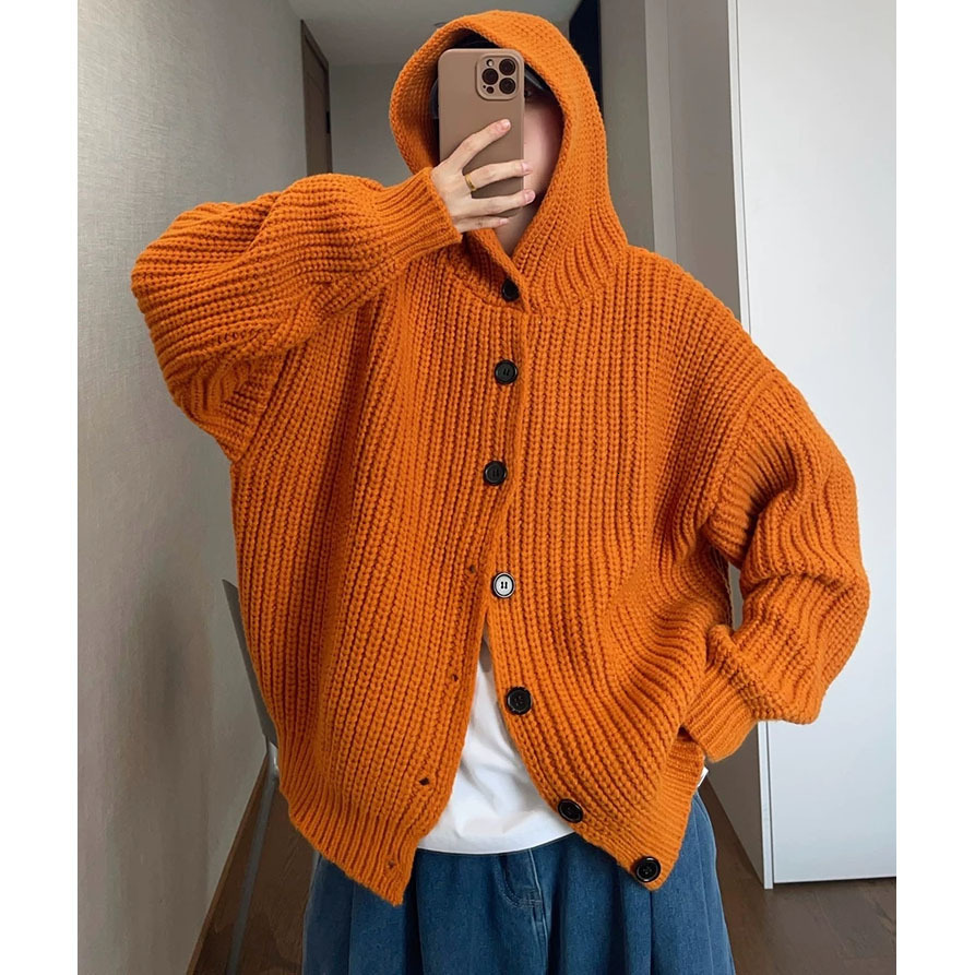New Fashion Autumn Winter Men Solid Color Orange Khaki Loose Fit Simple Basic Daily Single Breasted Knitted Cardigans Male Coats