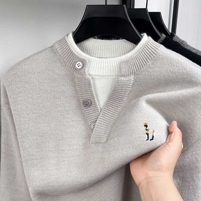 Korean Version Fashion Mens Long-Sleeved Knitwear Button Color Blocking False Two-Piece Embroidery Sweater Hot-Selling for Men 26Y1017
