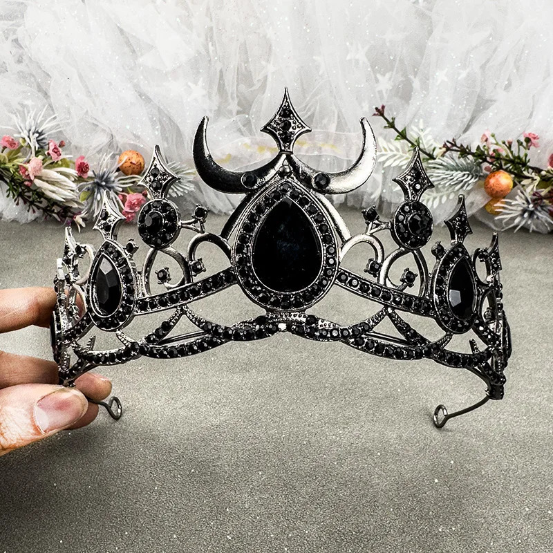 Gothic Black Crystal Tiara Baroque Queen Crown for Women Vintage Dark Style Headpiece Wedding Party Accessories Elegant Prom Cos 261017