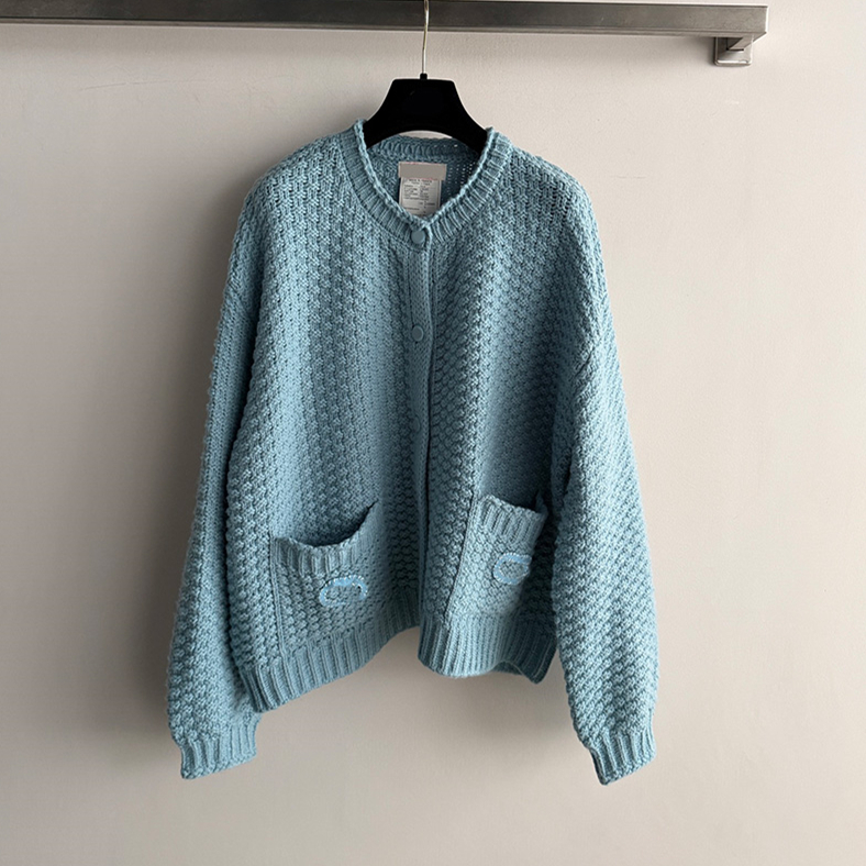 Chic Sky Blue Knit Cardigan For Women Elegant Crew Neck Jacquard Rib Trim Relax Outwear Autumn Dating Party Y2K Style Button Sweater