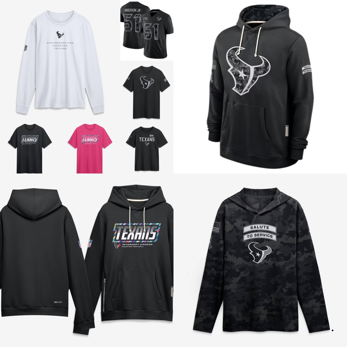 Texans Men T-shirt 2026 Salute to Service Sideline Pullover Hoodie Long sleeves Jerseys Women Youth Black Jacket