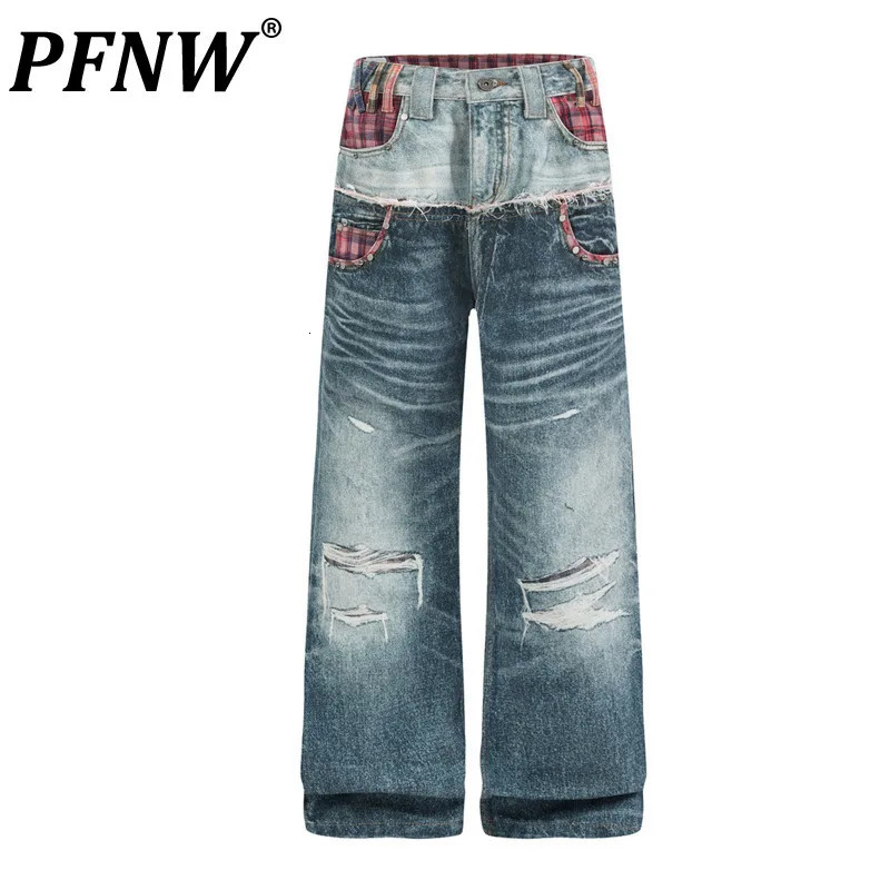 PFNW American Style Light Wash Street Printed Plaid Jeans Men's Vintage Distressed Straight Leg Pants Autumn 28L3739 261016