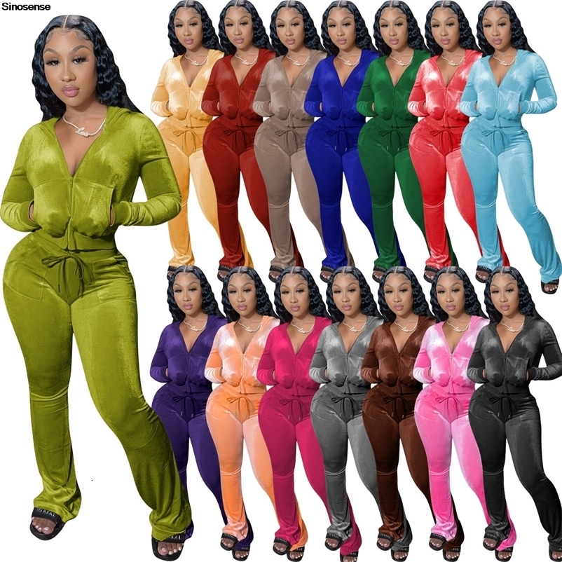 Women Autumn Two 2 Piece Velour Tracksuit Velvet Sweatsuits Zip Up Hooded Jacket Bodycon Flared Pants Jogger Sets 261016