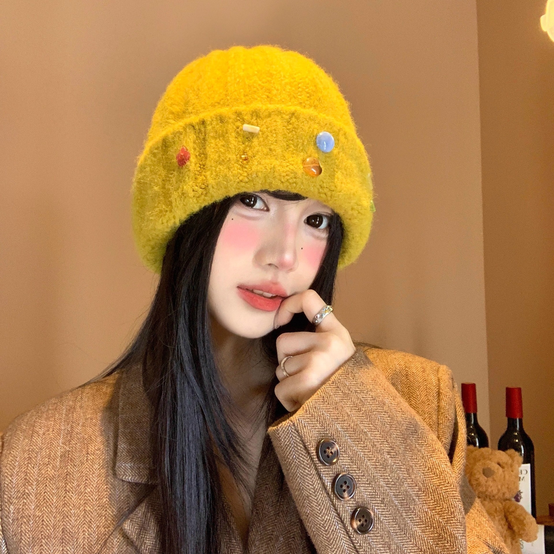 Colorful Buttoned Woolen for Women, Autumn and Winter Warm Ear Protection, Face Slimming Knit Hat, Cute Plush Hat