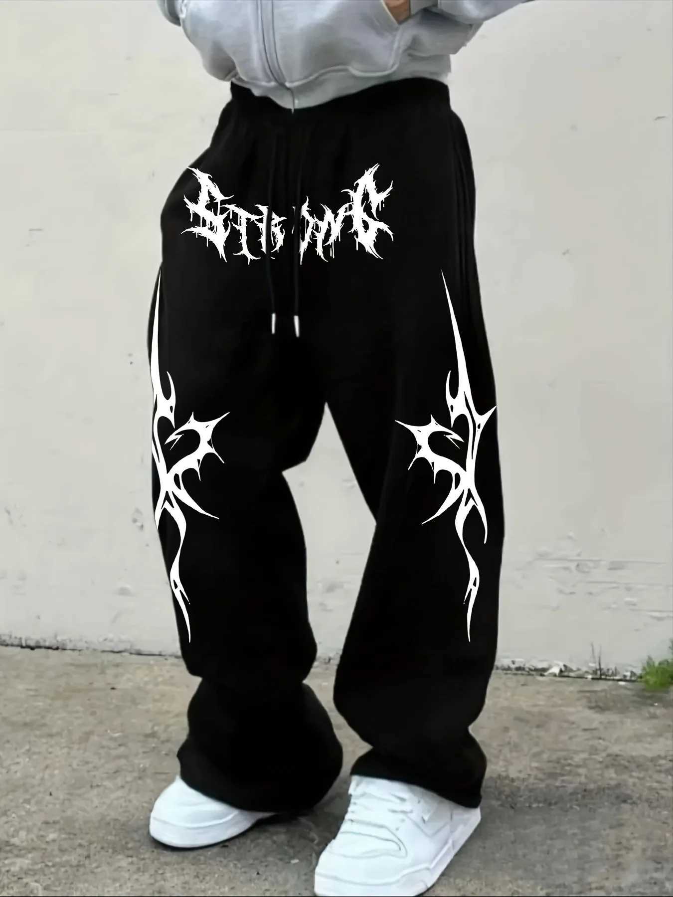 Men Gothic Letter 3D Print Quick Dry Long Pants Elastic Drawstring Wide Leg Trousers Hip Hop Streetwear Casual Sport Bottoms S261016R396