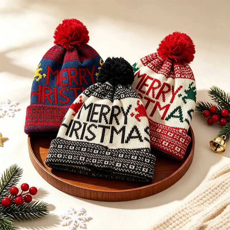 Beanie/Skull Caps Christmas Knitted Beanie Hat with Pom Letter Print Winter Warm Cuffed Knit Cap Xmas Holiday Party Skull Hat for Men WomenT261017