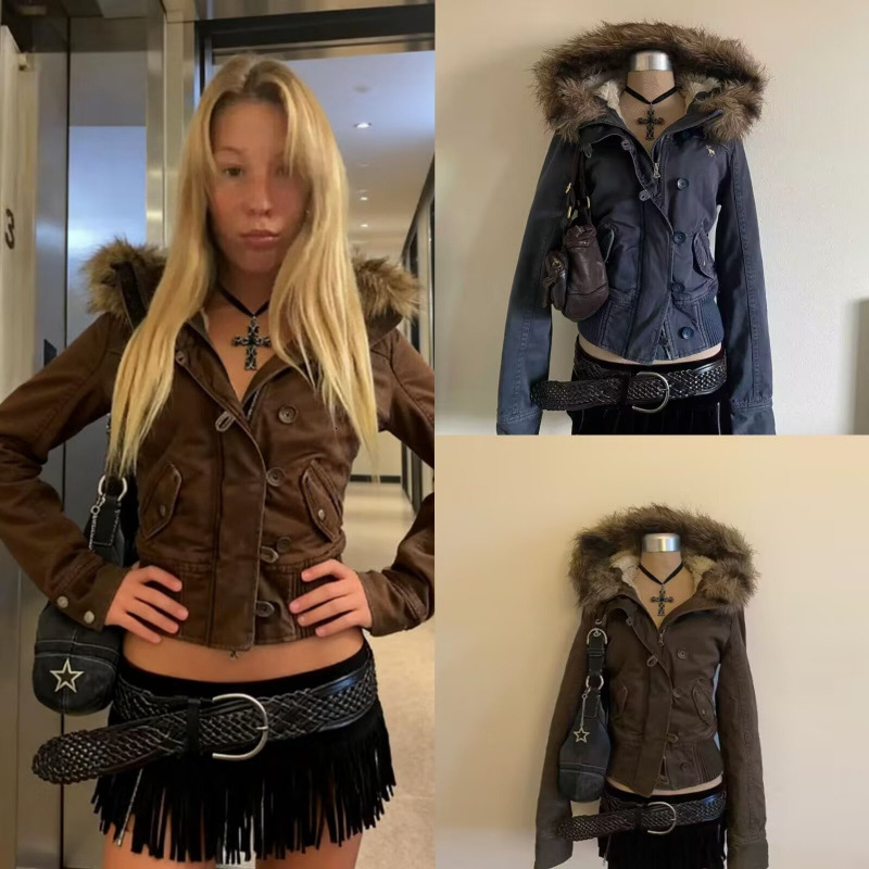 New Women's Short Coat With Fur Collar Hood, Fleece Lined And Thickened Makoufei