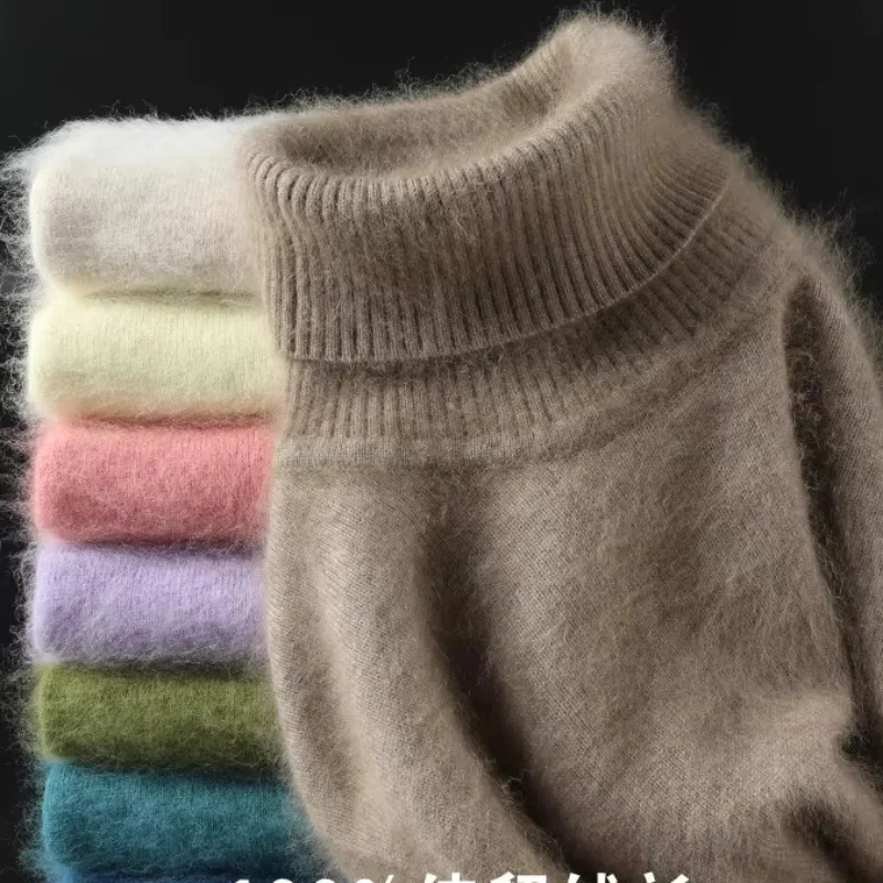 Autumn Winter 100% Mink Cashmere Sweater Women Knitwear Pullover Thick Warm Solid Color Plus Size Base High Lapel Clothing Tops 261016