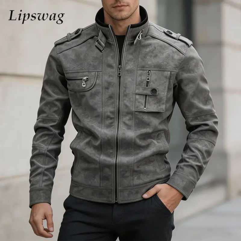 Vintage PU Leather Jacket Mens Fashionable Stand Collar Multi Zipper Pockets Cargo Coat Fall Winter Windproof Outerwear For Men S261017B7OZ