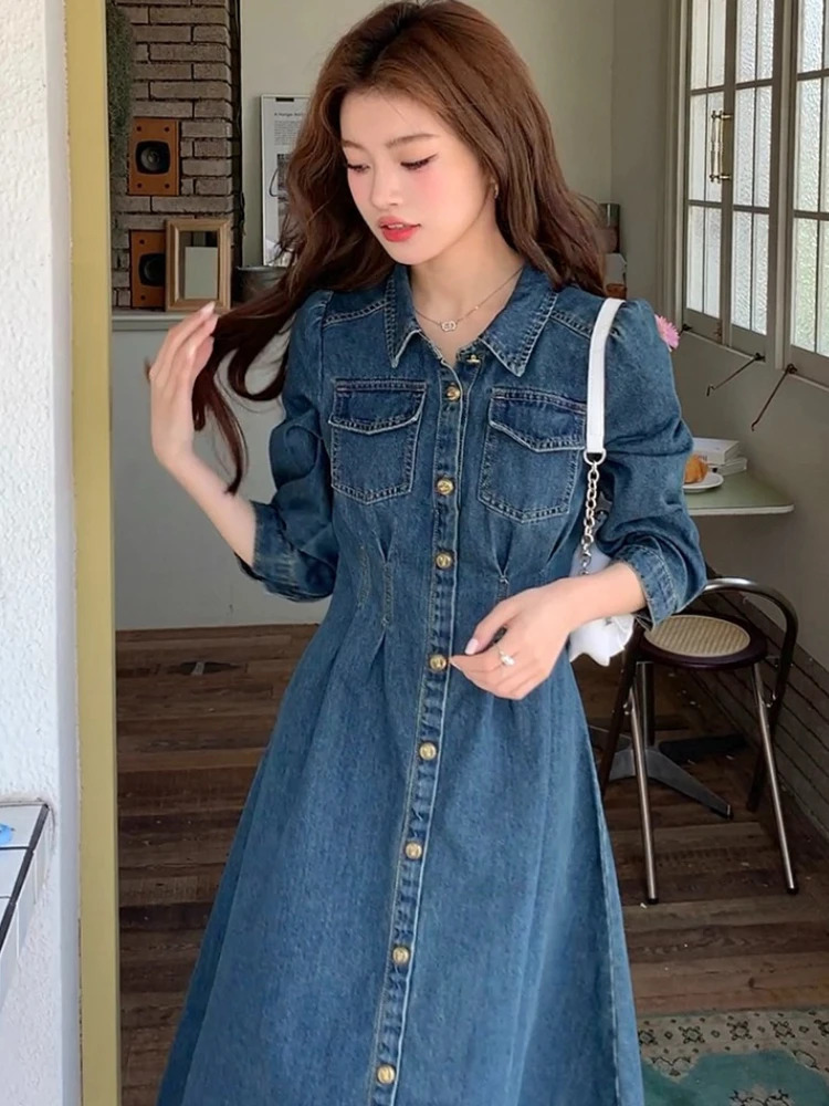 High Waist Pleated WaistCinching Midi Dresses 2026 Spring Vintage Denim Dress Retro SlimFit Long Frock For Women 261015
