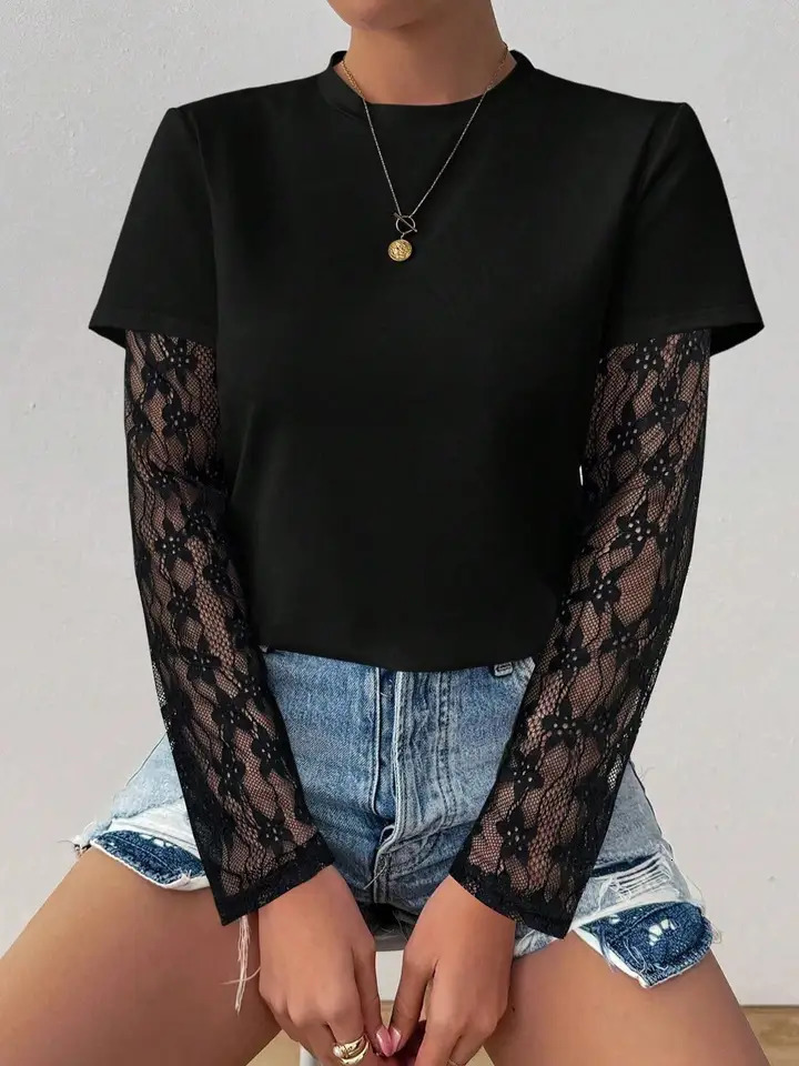 Ladies Solid Color Round Neck Long Sleeve TShirt with Seethrough Lace Panel n Fashionable Breathable Womens Top 261017