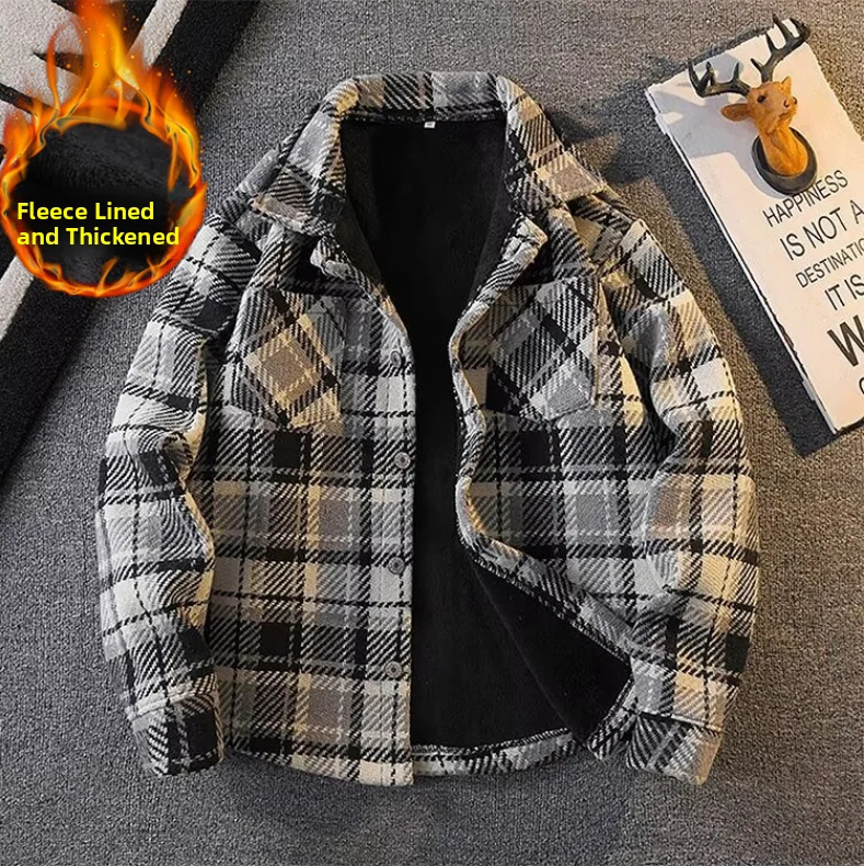 Mens Plaid Flannel Shirt Thickened Fleece Lined Casual Woolen Jacket Autumn Winter Warm Outerwear Youth Fashion Classic Style 261016