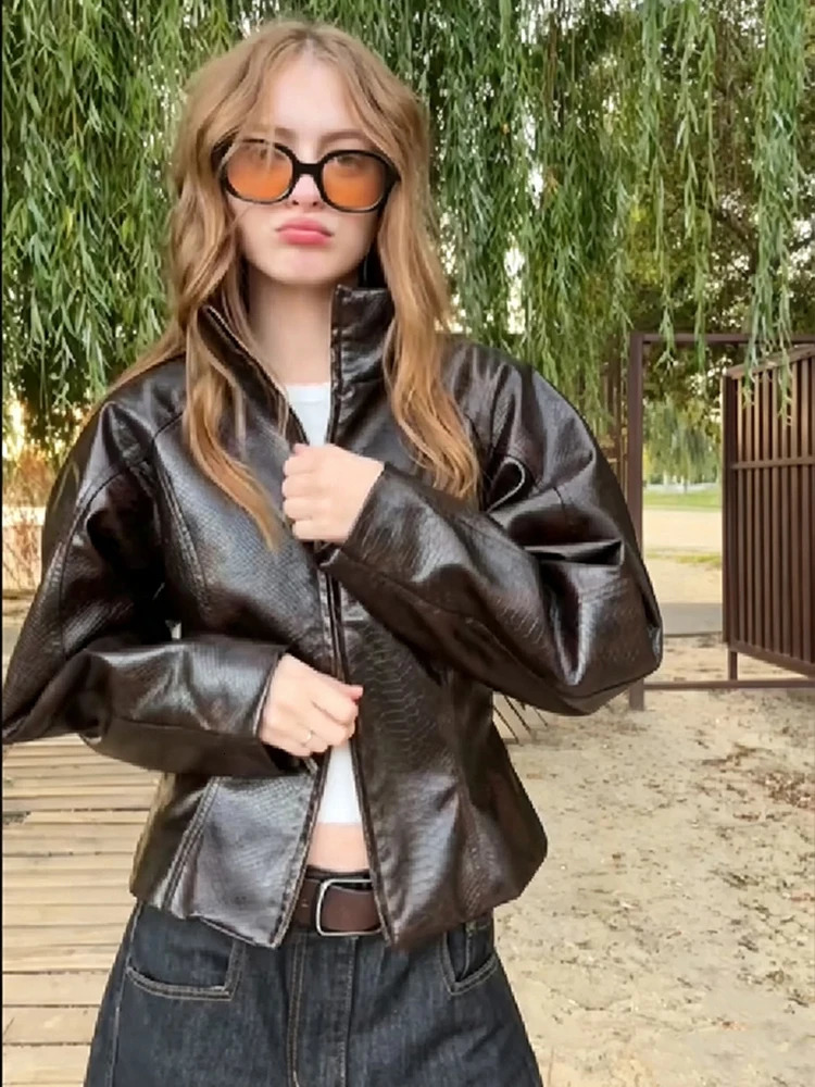 Women Brown Texture Faux Leather Coat Stand Collar Double Head Zipper Slim Fit 2026 Vintage Casual Lady Moto Biker Jacket 261016