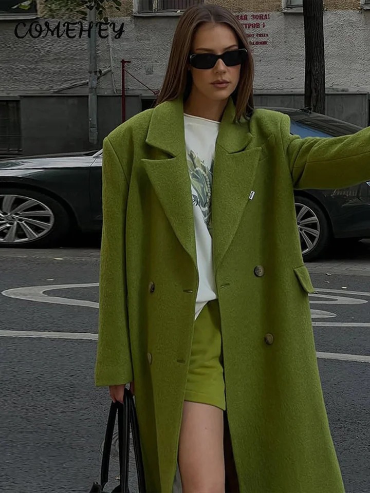 Elegant Women's Woolen Overcoat Solid Lapel Double Breasted Full Sleeve Long Coat Autumn Winter Fashion Lady Outwear 261016