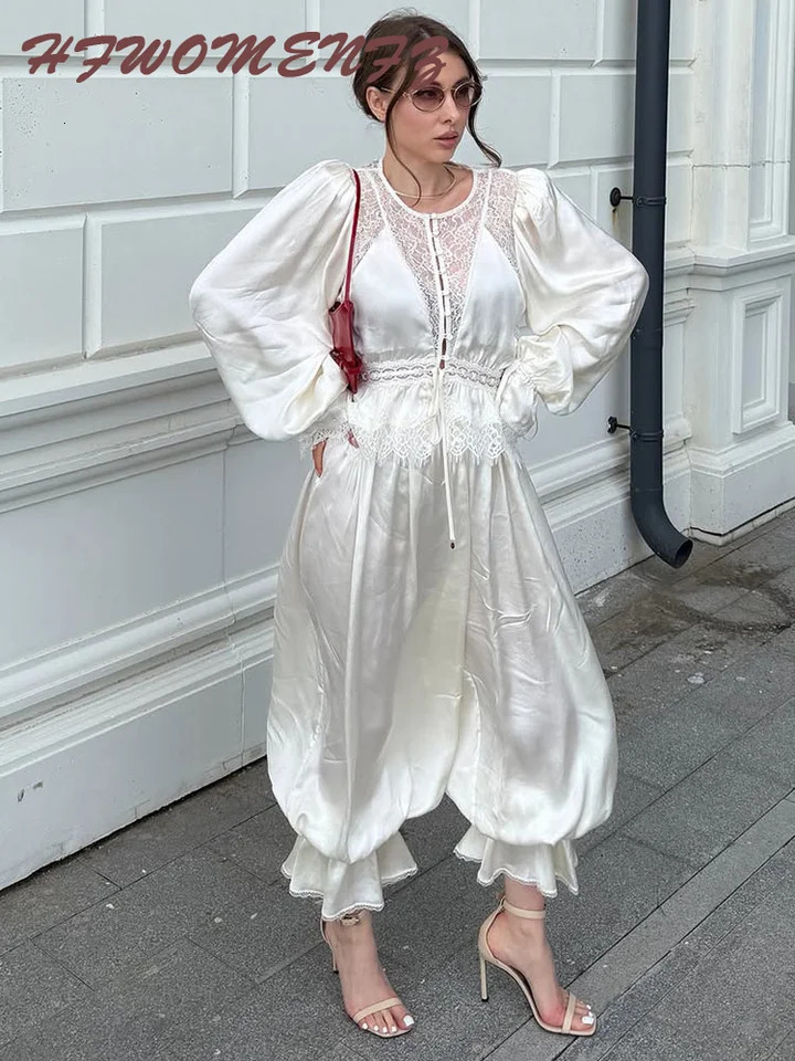 Elegant Lace Patchwork Top Pants Women's Set Chic Long Sleeve O-neck Blouse Pleated Trousers 2026 Summer Vacation Lady Outfit 261015