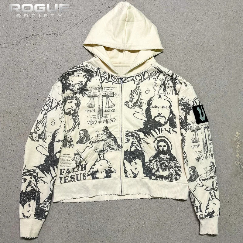 Vintage Streetwear Y2K Print Zip Hoodie Men Distressed Cropped Casual Harajuku Gothic Hip Hop High Street Sweatshirt Coat Unisex 261013