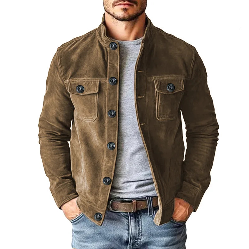Mens Vintage Brown Faux Suede Jacket Stand Collar ButtonUp Coats with Chest Pockets Solid Casual Slim Streetwear Style 261016