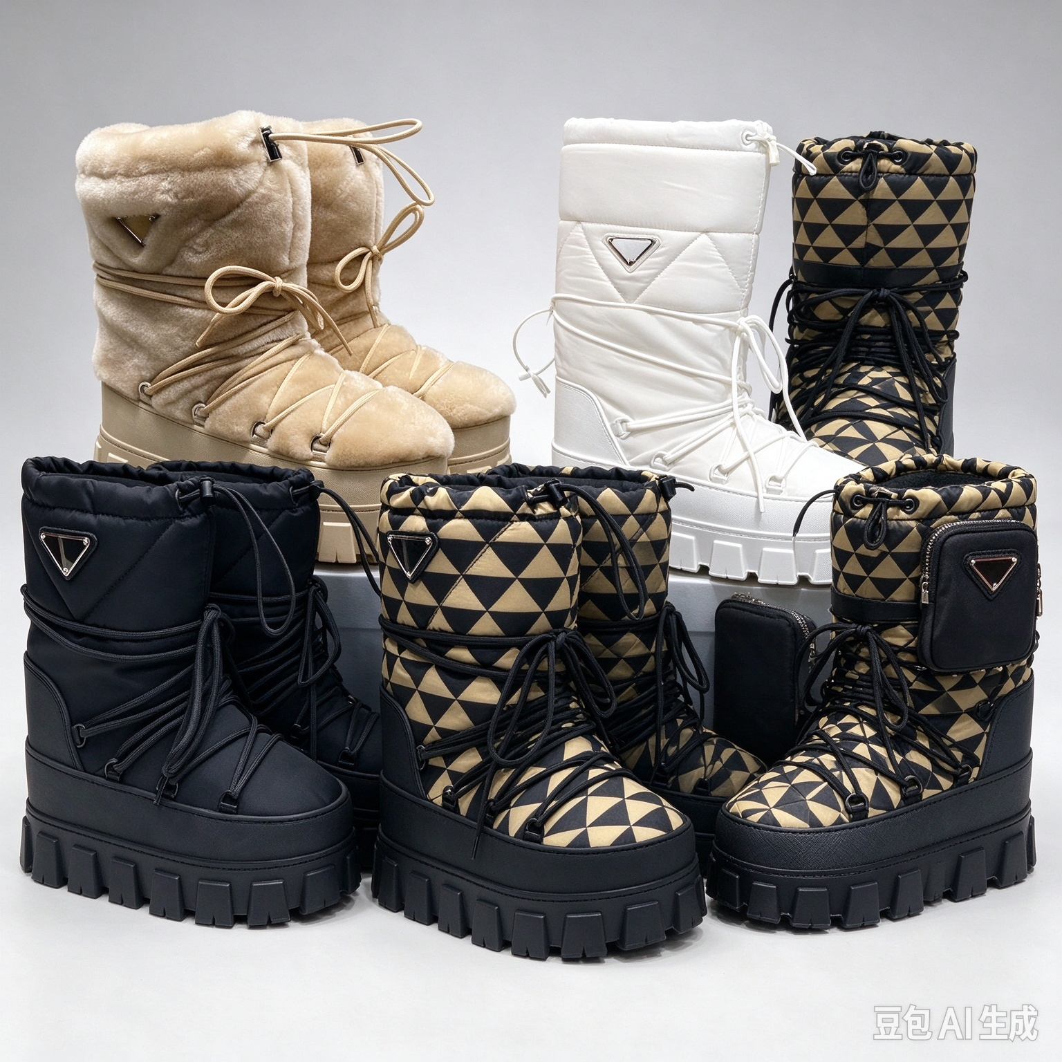 designer womens luxury autumn winter Triangular Boot Lace Up ski boot rubber soled detachable cushioned boots with inner lining