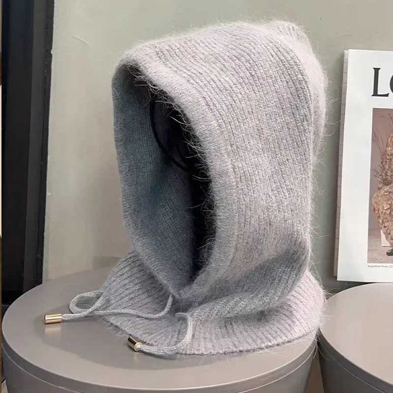 Beanie/Skull Caps Rabbit Fur Knitted Scarf Hood Hat Women Beanies Warm Winter Unisex Balaclava Skiing Outdoor Bonnet Thick Earflap Hat Q261017