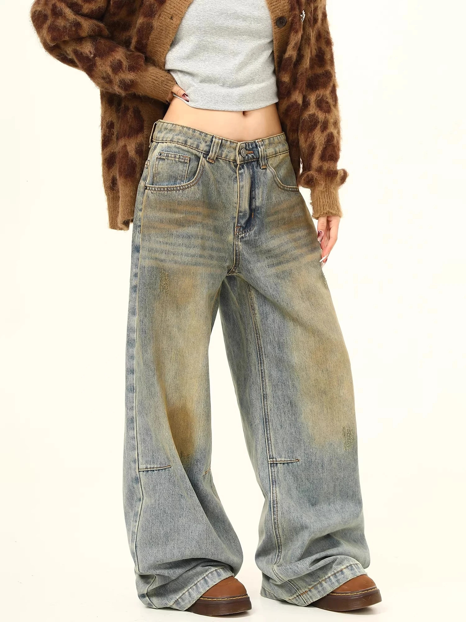 Retro High Waist Wide Leg Jeans Men Women Casual Straight Washed Loose Street Dance Denim Pants Blue Pure Color All Seasons 261016