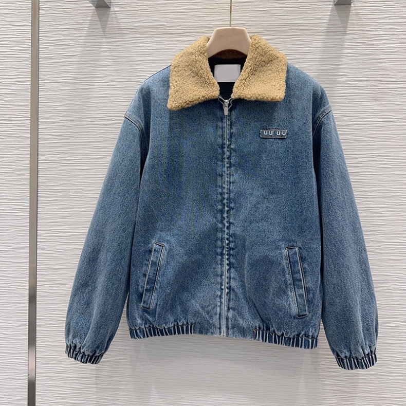 Designer Women Preppy Denim Jacket Fuzzy Collar Loose Fit Warm Autumn Winter Casual Date Outing Outwear