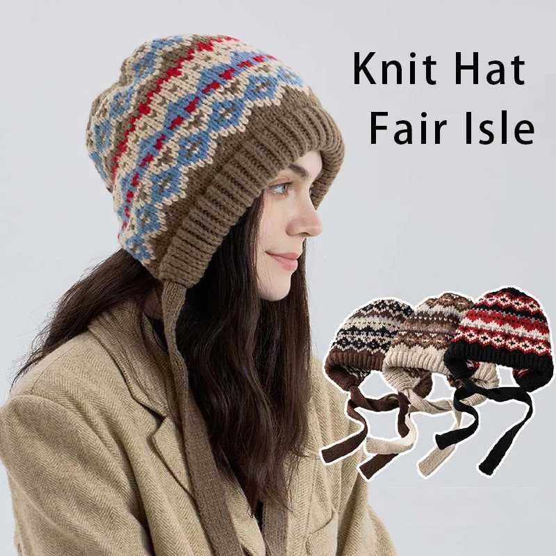Beanie/Skull Caps Cozy Fair Isle Beanie Women Winter Hat for Cold Weather Statement Ski Hat with Ear Flaps Windproof Warm Chunky Knit Cap1pc Q261017