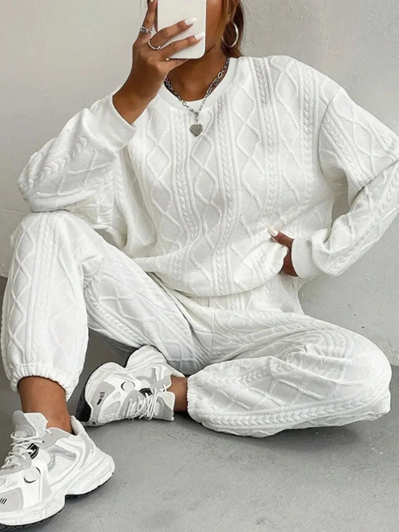 White Knit Two Piece Set Women Pant Sets Clothes Outfit 2 Piece 261016