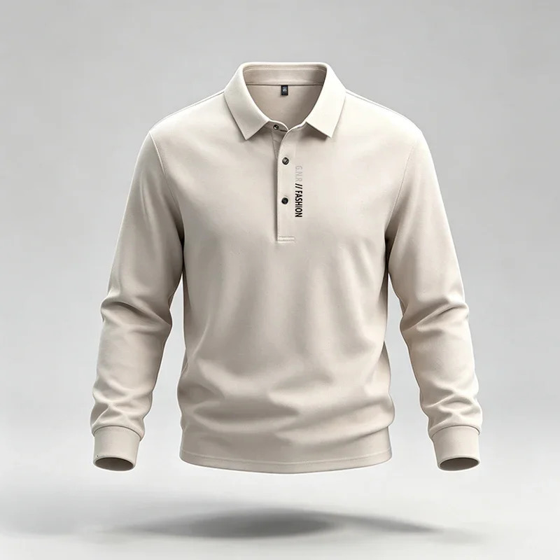 Mens Classic Collar Long Sleeve Polo Tee Three Buttons Neckline Vertical Text Print Fabric Versatile Autumn Office Blouse 261016